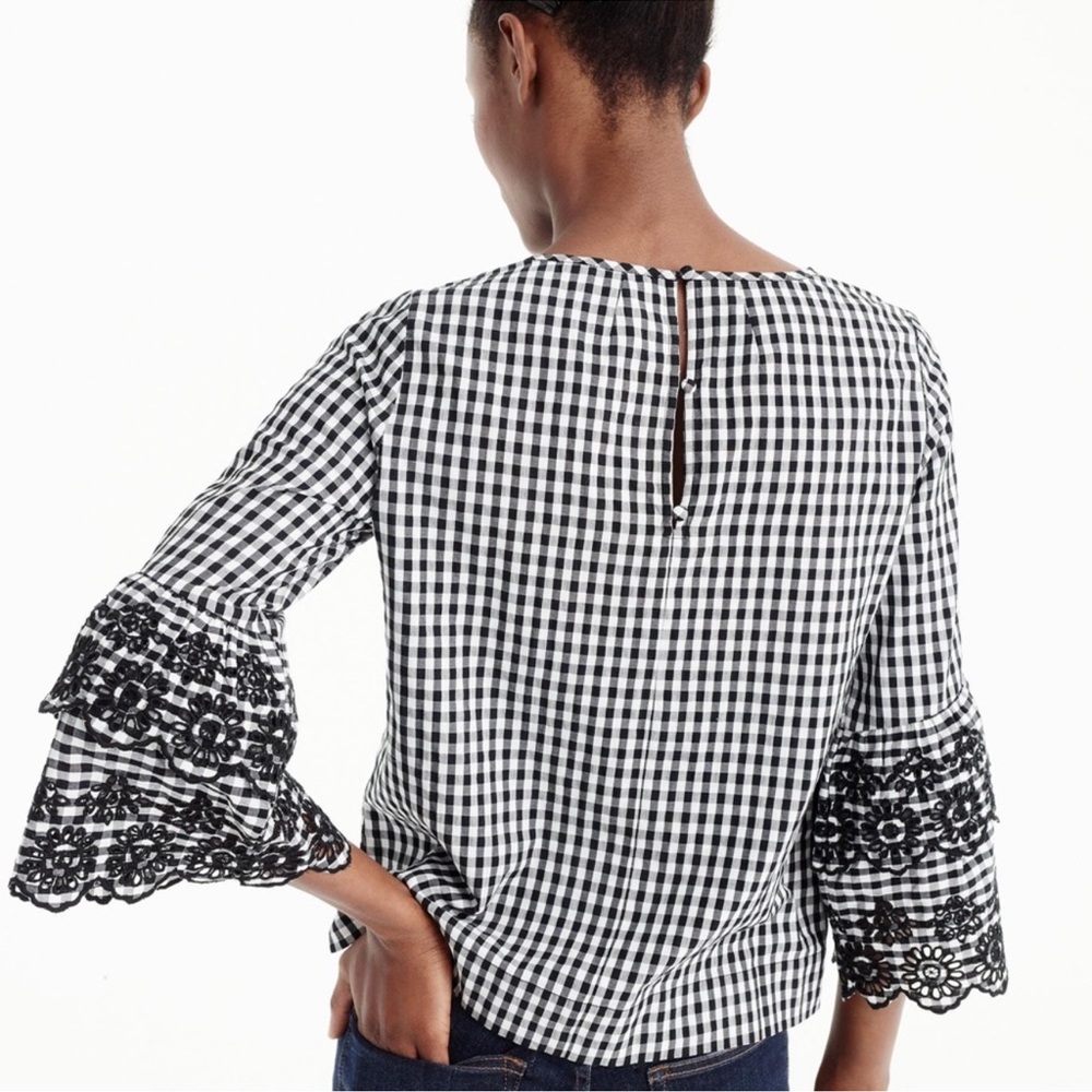 J. Crew Black and White Gingham 10 Petite Blouse with Tiered Bell Sleeves - Picture 2 of 9